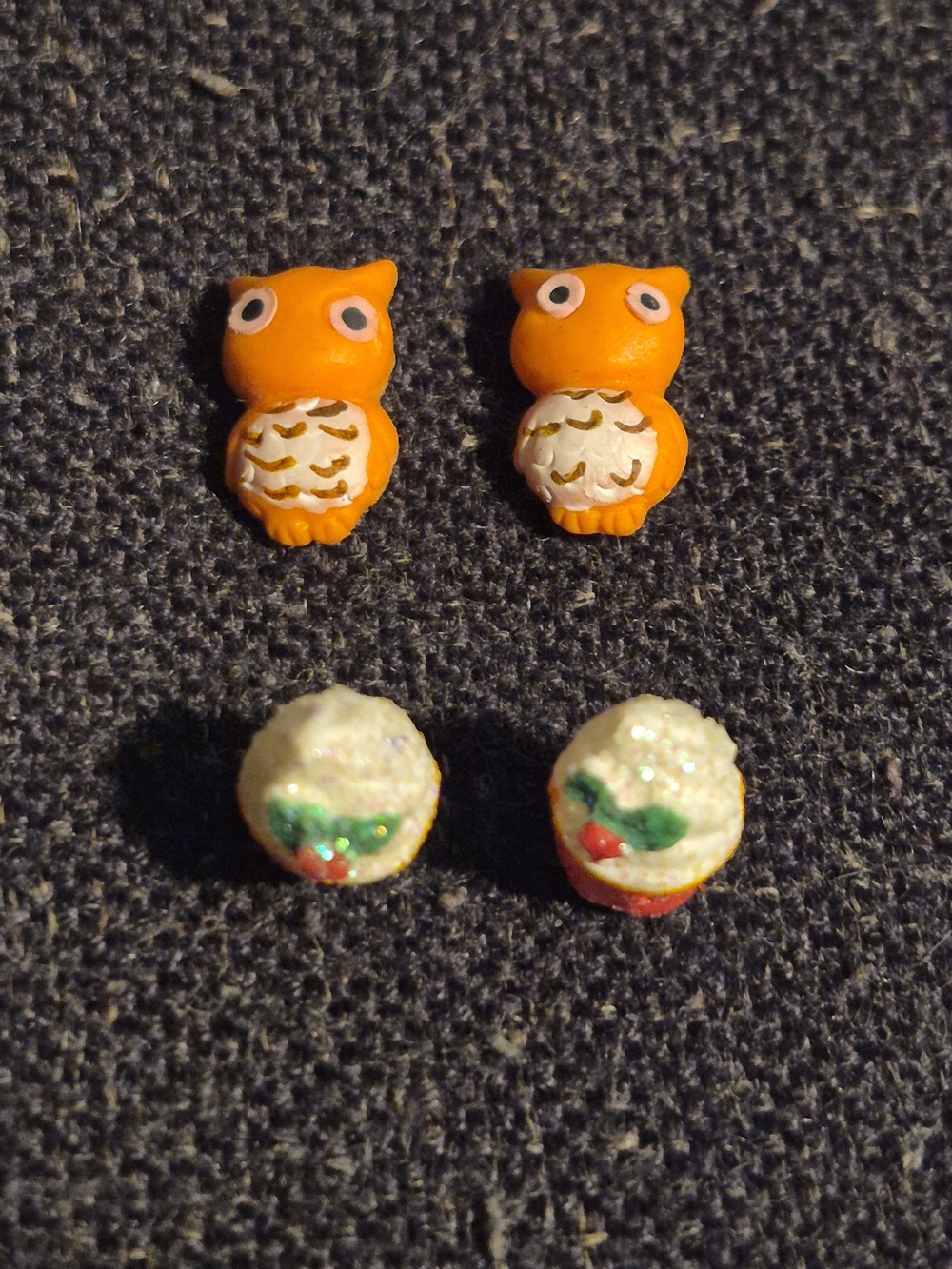 Orange Owl and Sparkly Red and White Cupcake Post Stud Earring Set